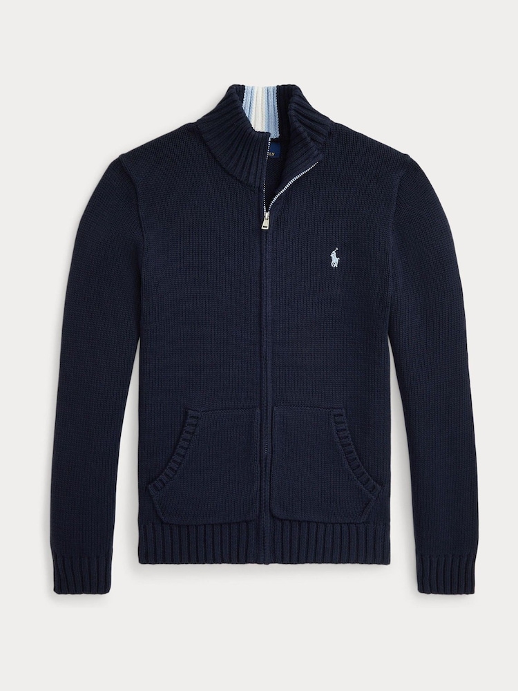 Polo Ralph Lauren Blue Knit Zip Through Funnel Cardigan - Image 1 of 2 Polo Ralph Lauren Blue Knit Zip Through Funnel Cardigan - Image 1 of 2