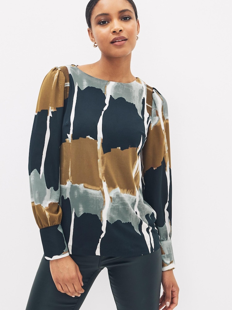 Black/Brown Abstract Print Long Sleeve Crew Neck Cuff Blouse - Image 1 of 6