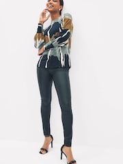 Black/Brown Abstract Print Long Sleeve Crew Neck Cuff Blouse - Image 2 of 6
