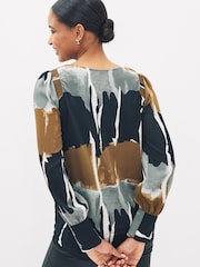 Black/Brown Abstract Print Long Sleeve Crew Neck Cuff Blouse - Image 3 of 6