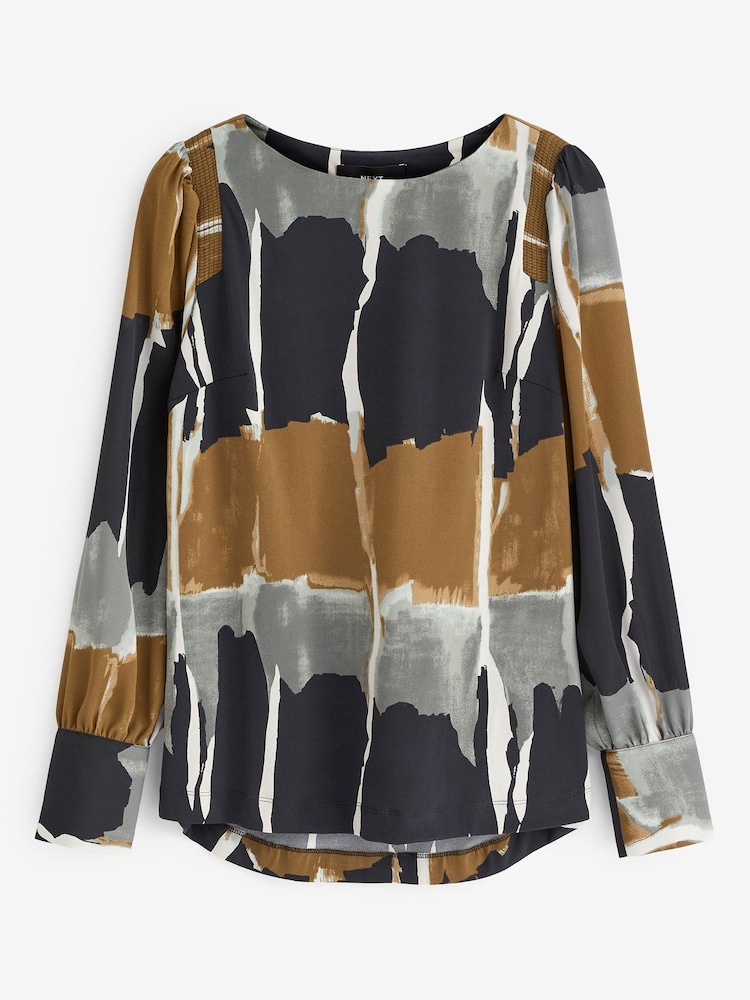 Black/Brown Abstract Print Long Sleeve Crew Neck Cuff Blouse - Image 6 of 6