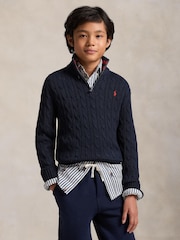 Polo Ralph Lauren Blue Logo Cable Knit Quarter Zip Jumper - Image 1 of 5