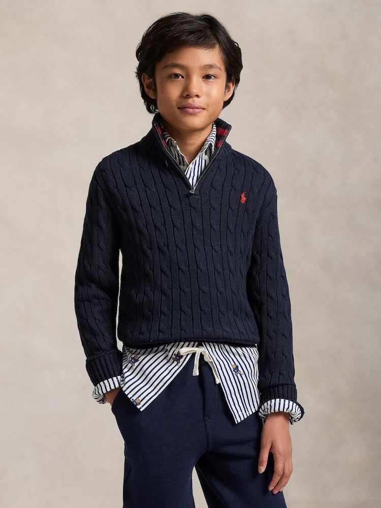Polo Ralph Lauren Blue Logo Cable Knit Quarter Zip Jumper - Image 1 of 5 Polo Ralph Lauren Blue Logo Cable Knit Quarter Zip Jumper - Image 1 of 5