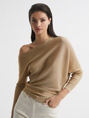 Reiss Gold Louisa Asymmetric Drape Knitted Top - Image 1 of 5