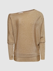 Reiss Gold Louisa Asymmetric Drape Knitted Top - Image 2 of 5