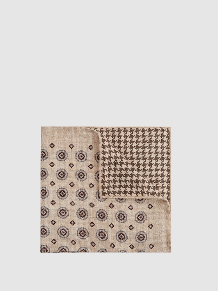 Reiss Soft Oatmeal Sonic Reversible Dogtooth Silk Pocket Square - Image 1 of 5