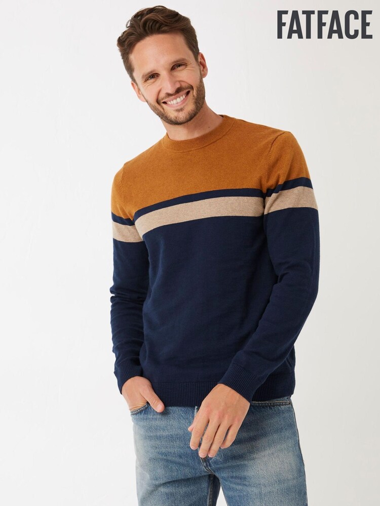 FatFace Blue Braunton Yoke Stripe Crew Jumper - Image 1 of 3 FatFace Blue Braunton Yoke Stripe Crew Jumper - Image 1 of 3