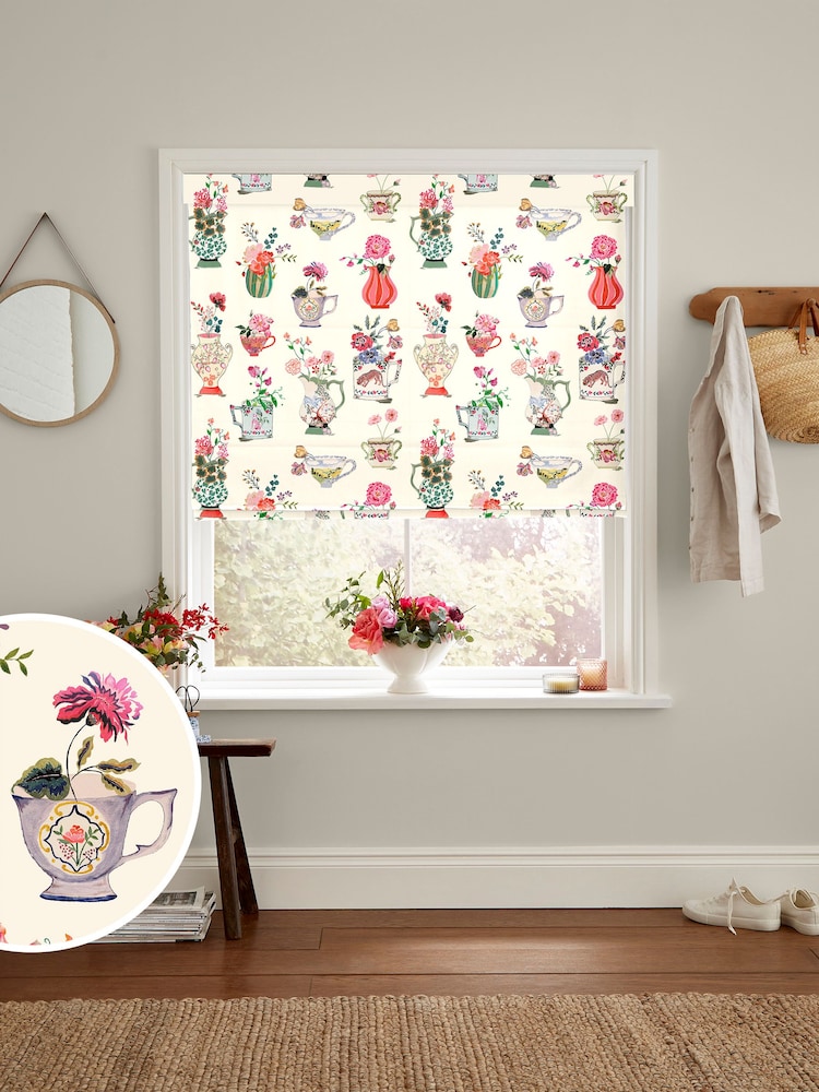 Cath Kidston Cream Cups And Vases Made To Measure Roman 100% Cotton Blinds - Image 1 of 6