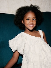 Ivory White Textured One Shoulder Dress (3-16yrs) - Image 4 of 8
