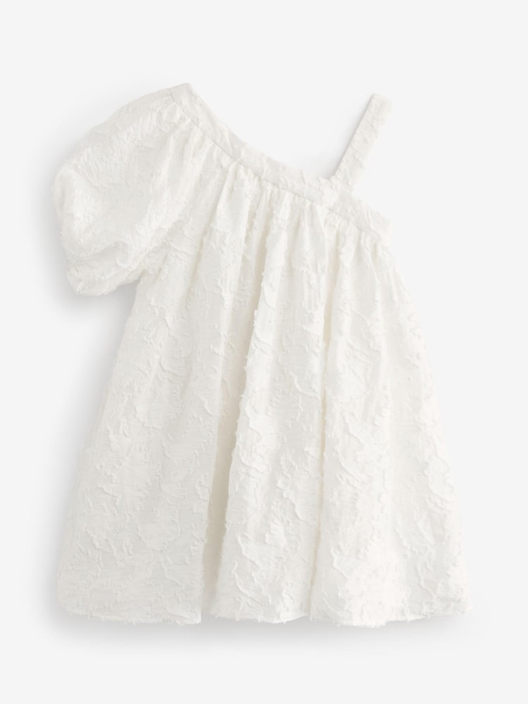 Ivory White Textured One Shoulder Dress (3-16yrs) - Image 6 of 8