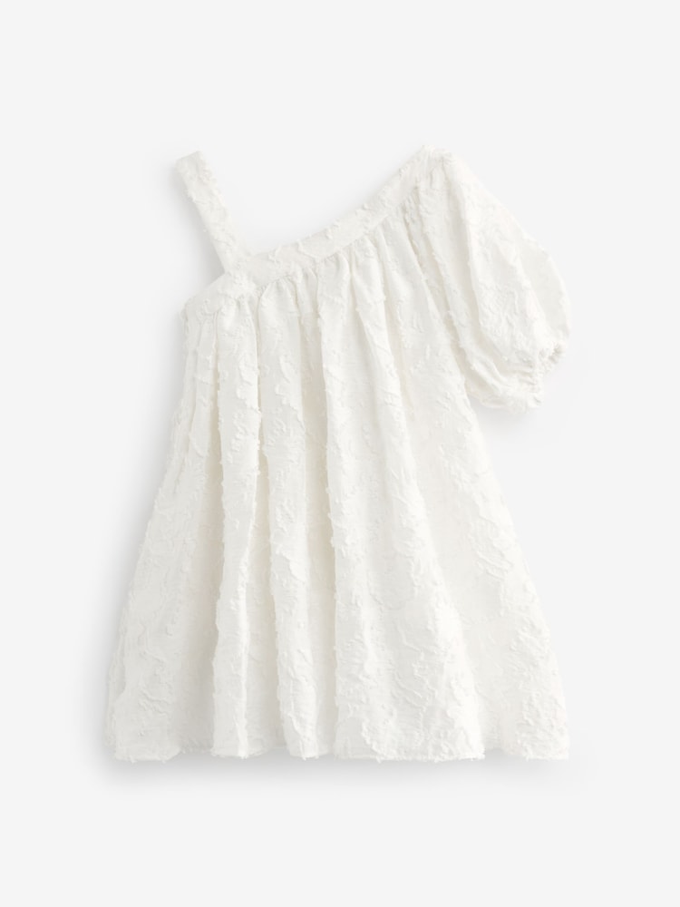 Ivory White Textured One Shoulder Dress (3-16yrs) - Image 7 of 8