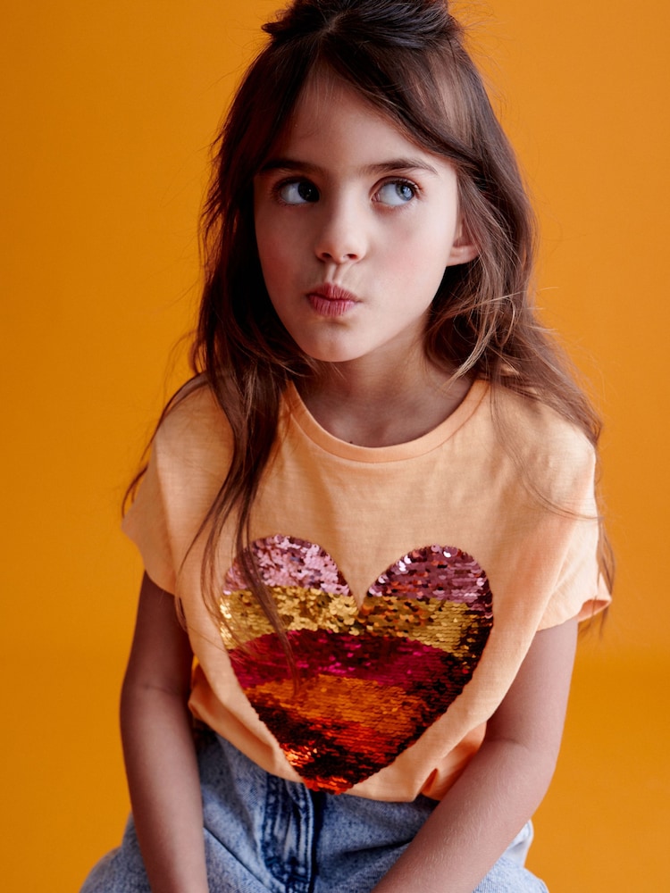 Apricot Orange Heart Sequin T-Shirt (3-16yrs) - Image 1 of 8