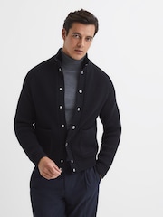 Reiss Navy Snug Press Stud Ribbed Cardigan - Image 1 of 7