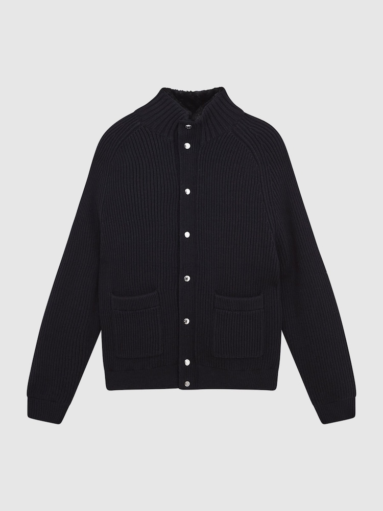 Reiss Navy Snug Press Stud Ribbed Cardigan - Image 2 of 7