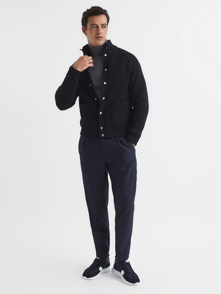 Reiss Navy Snug Press Stud Ribbed Cardigan - Image 7 of 7
