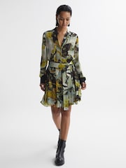 Reiss Khaki Flor Floral Print Belted Mini Dress - Image 1 of 5