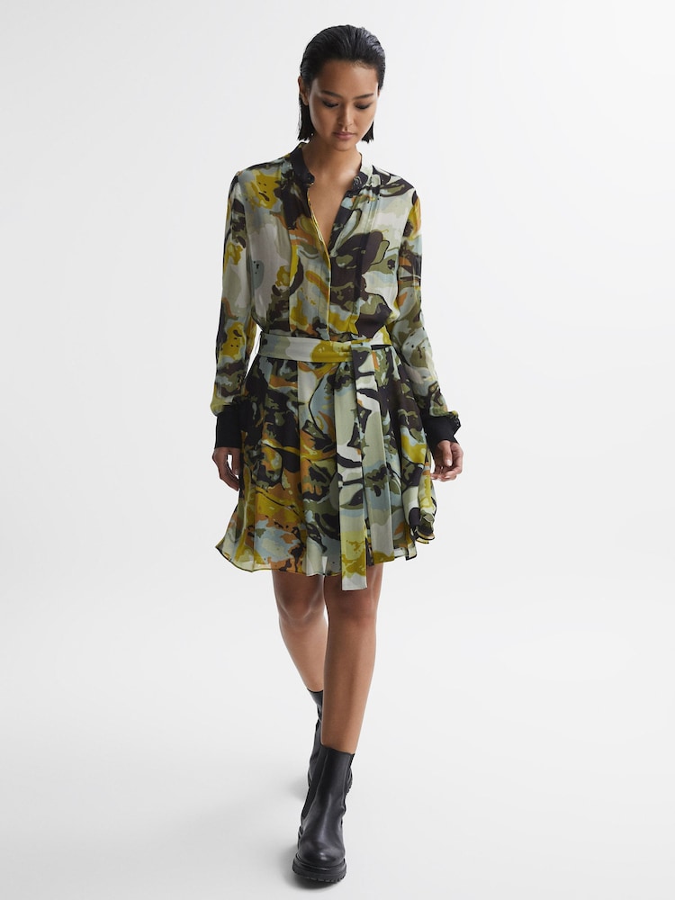 Reiss Khaki Flor Floral Print Belted Mini Dress - Image 1 of 5
