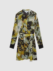 Reiss Khaki Flor Floral Print Belted Mini Dress - Image 2 of 5