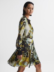 Reiss Khaki Flor Floral Print Belted Mini Dress - Image 3 of 5