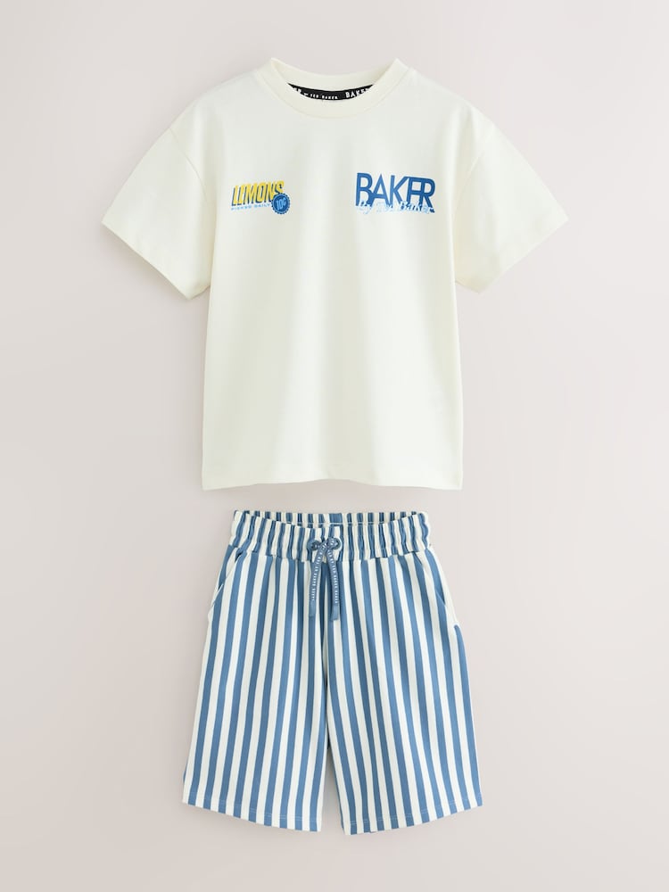 Baker by Ted Baker Stone/Blue Oversized Graphic T-Shirt and Striped Shorts Set - Image 1 of 7 Baker by Ted Baker Stone/Blue Oversized Graphic T-Shirt and Striped Shorts Set - Image 1 of 7