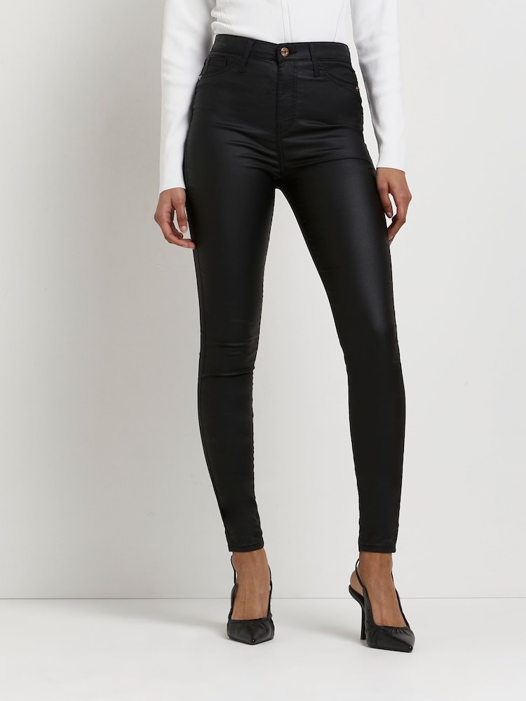River Island Black High Rise Skinny Coated Jeans - Image 1 of 6