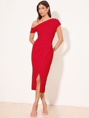 Lipsy Red Floral Print Off The Shoulder Gathered Waist Midi Dress - Image 1 of 4