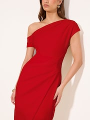 Lipsy Red Floral Print Off The Shoulder Gathered Waist Midi Dress - Image 3 of 4