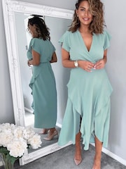 AX Paris Duck Egg Blue Frill Detail Double Split Skirt Midi Dress - Image 1 of 4