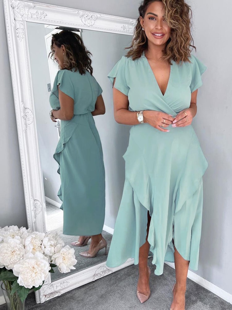 AX Paris Duck Egg Blue Frill Detail Double Split Skirt Midi Dress - Image 1 of 4