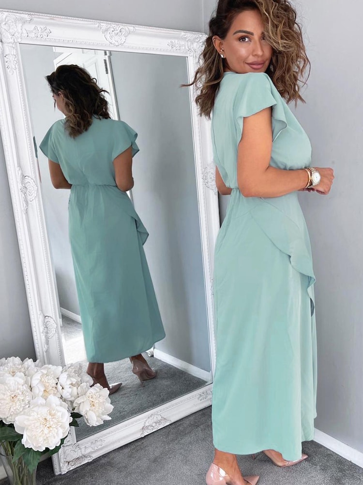 AX Paris Duck Egg Blue Frill Detail Double Split Skirt Midi Dress - Image 2 of 4