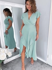 AX Paris Duck Egg Blue Frill Detail Double Split Skirt Midi Dress - Image 4 of 4