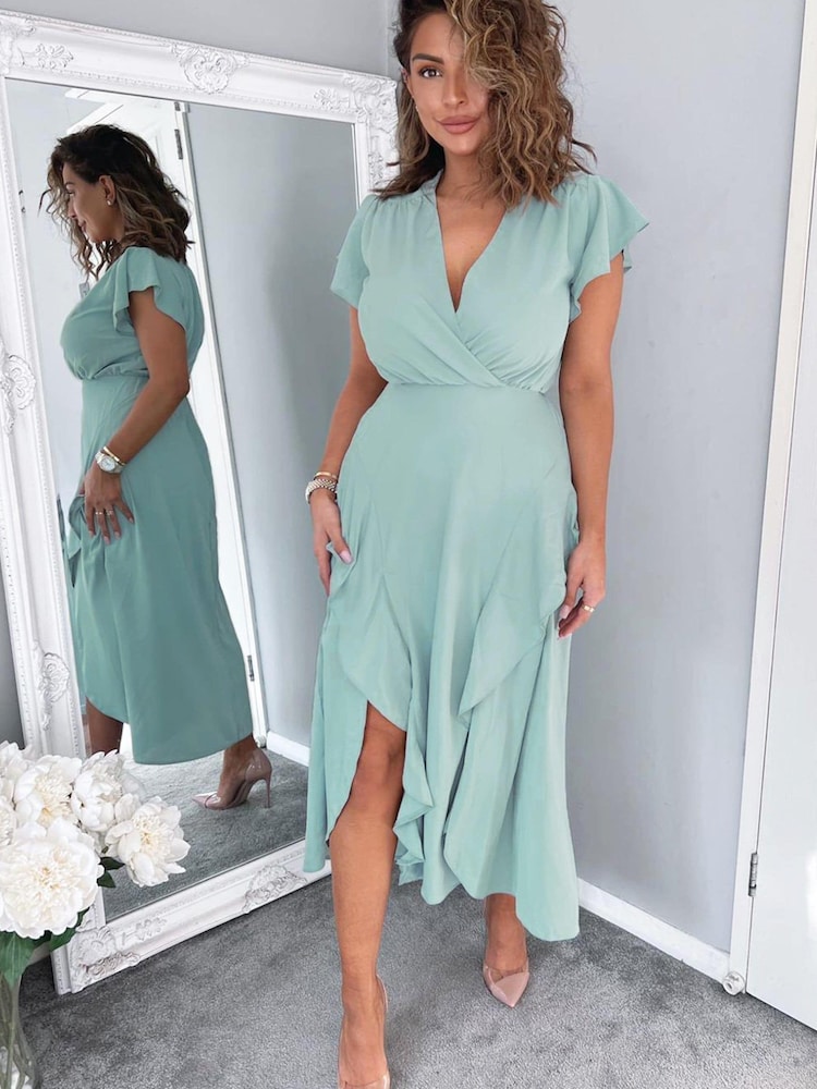 AX Paris Duck Egg Blue Frill Detail Double Split Skirt Midi Dress - Image 4 of 4