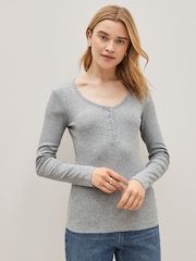 Grey Ribbed Henley Long Sleeve Top - Image 1 of 4