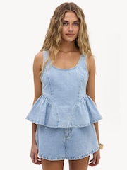 LOAVIES Blue Shimmering Devotion Ruffle Denim Top - Image 1 of 4
