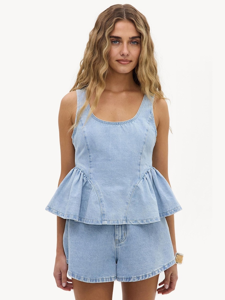LOAVIES Blue Shimmering Devotion Ruffle Denim Top - Image 1 of 4 LOAVIES Blue Shimmering Devotion Ruffle Denim Top - Image 1 of 4