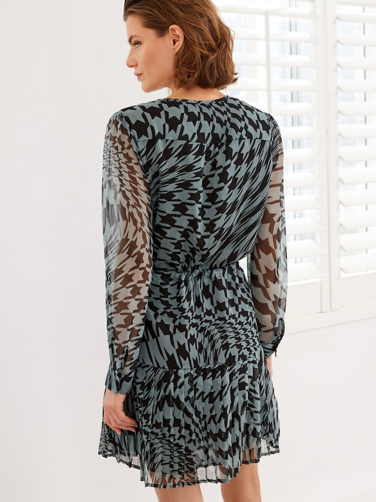Black/White Dogtooth Chiffon Tie Waist Mini Dress - Image 2 of 5