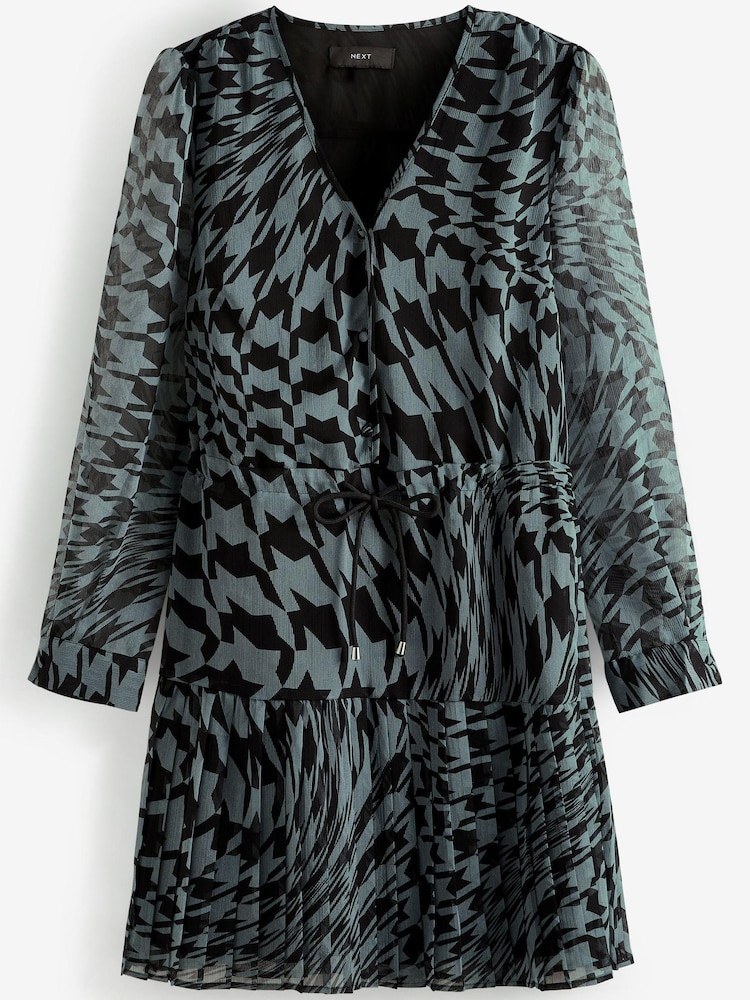 Black/White Dogtooth Chiffon Tie Waist Mini Dress - Image 5 of 5