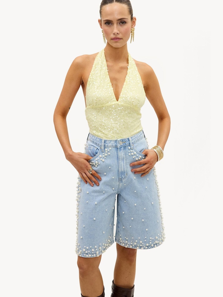 LOAVIES Blue Fantasy Fever Shorts With Pearls - Image 1 of 4 LOAVIES Blue Fantasy Fever Shorts With Pearls - Image 1 of 4