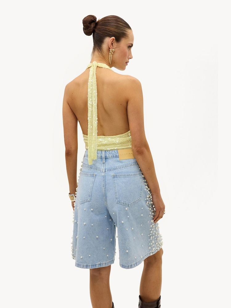 LOAVIES Blue Fantasy Fever Shorts With Pearls - Image 2 of 4 LOAVIES Blue Fantasy Fever Shorts With Pearls - Image 2 of 4