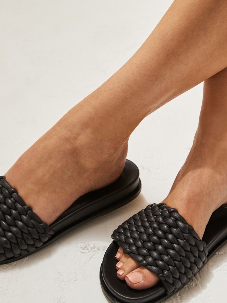 Black Signature Leather Woven Footbed Sandals - Image 2 of 8