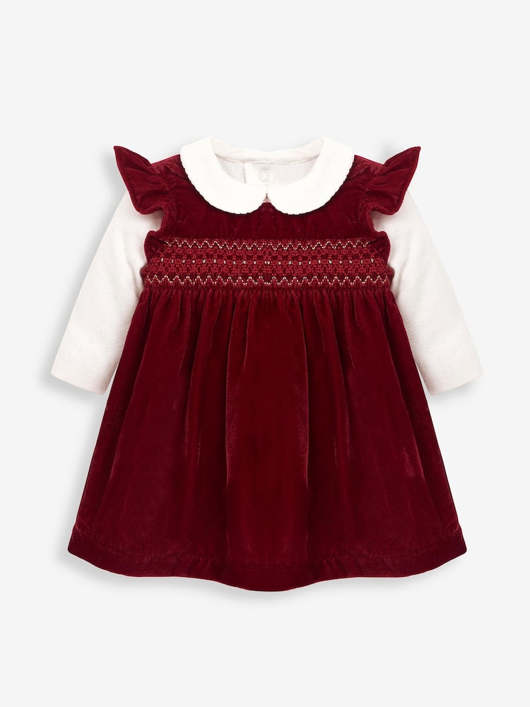 JoJo Maman Bébé Burgundy Red 2-Piece Smocked Velvet Baby Dress & Body Set - Image 1 of 3