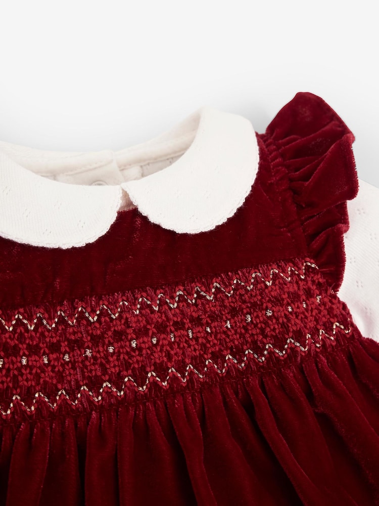 JoJo Maman Bébé Burgundy Red 2-Piece Smocked Velvet Baby Dress & Body Set - Image 3 of 3