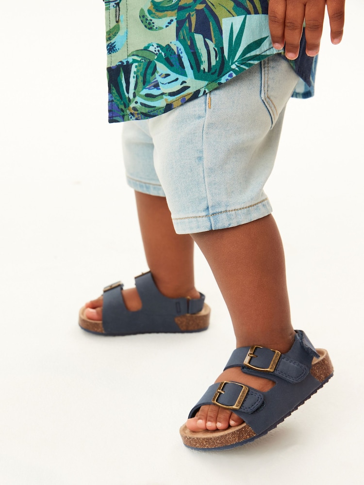 Navy Blue Standard Fit (F) Double Buckle Cushioned Footbed Sandals - Image 1 of 7