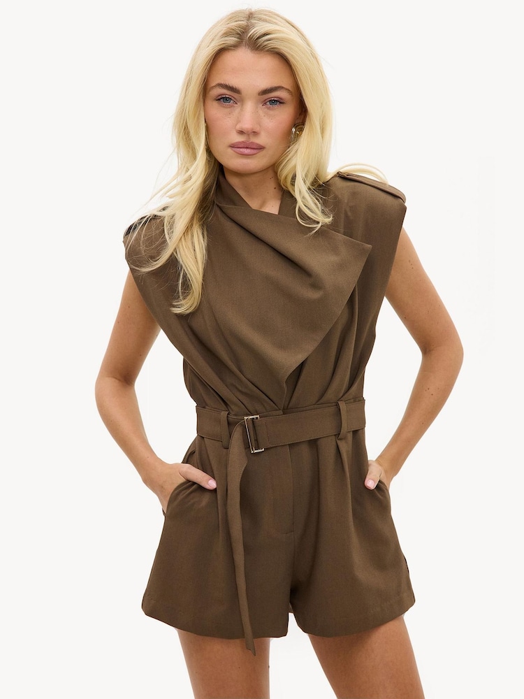 LOAVIES Brown Make Memories Playsuit With Shoulder Pads And Belt - Image 1 of 5 LOAVIES Brown Make Memories Playsuit With Shoulder Pads And Belt - Image 1 of 5