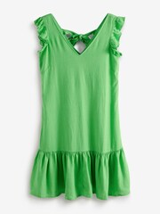 Green Ruffle Sleeve Tie Back Mini Dress With Linen - Image 3 of 4