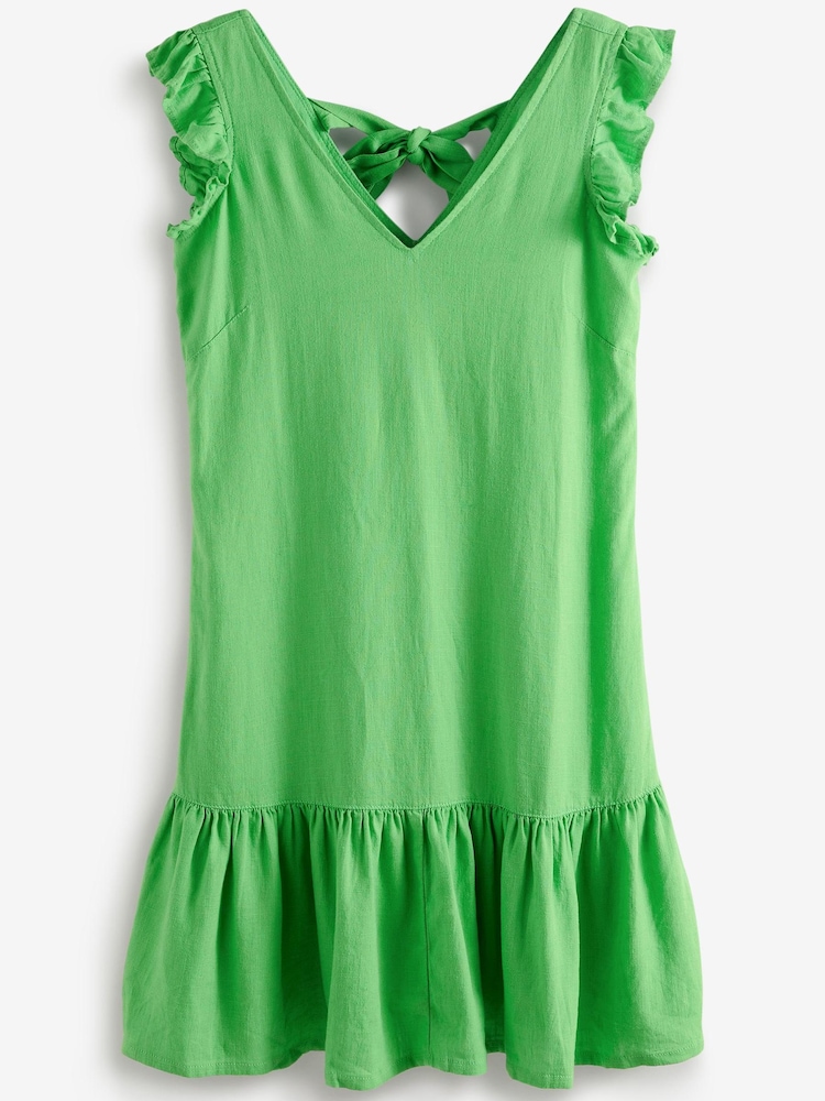 Green Ruffle Sleeve Tie Back Mini Dress With Linen - Image 4 of 4