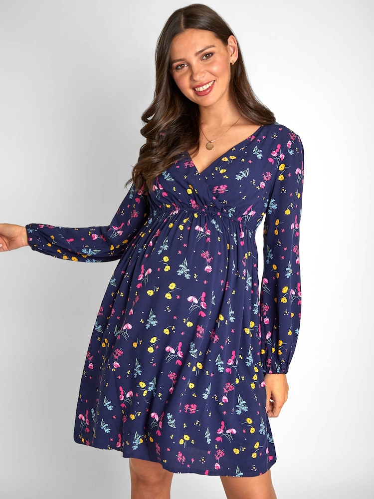 JoJo Maman Bébé Navy Floral Wrap Maternity Dress - Image 4 of 6