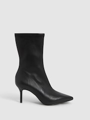 Reiss Black Caley Pointed Kitten Heel Leather Boots - Image 1 of 7