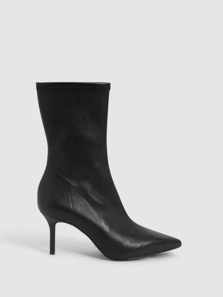 Reiss Black Caley Pointed Kitten Heel Leather Boots - Image 1 of 7