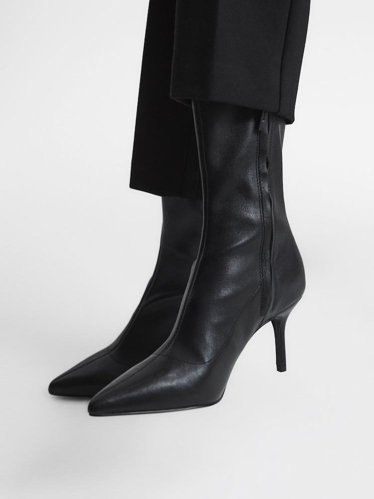 Reiss Black Caley Pointed Kitten Heel Leather Boots - Image 3 of 7